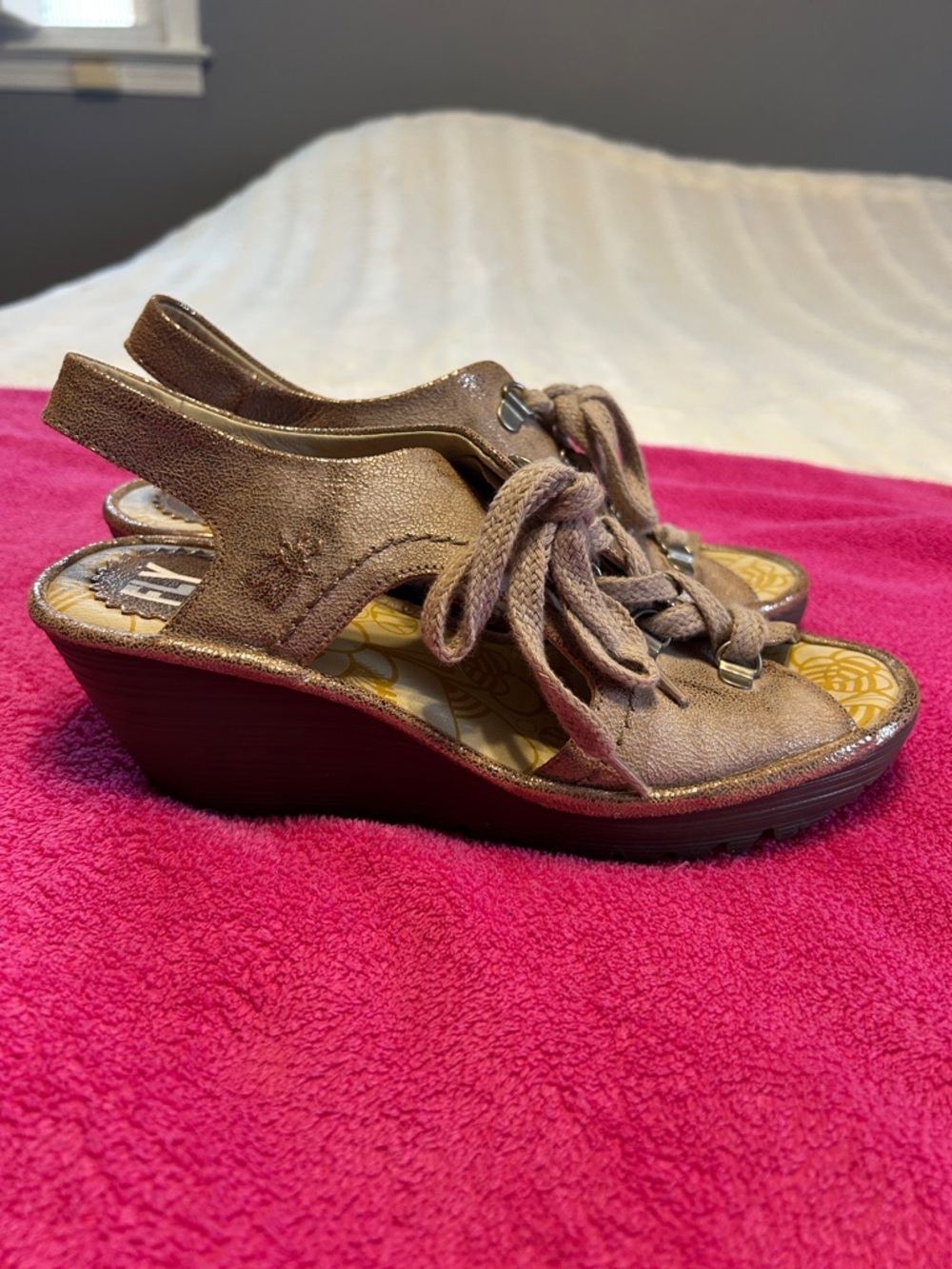 Fly London Metallic Taupe Lace-Up Slingback Sandals